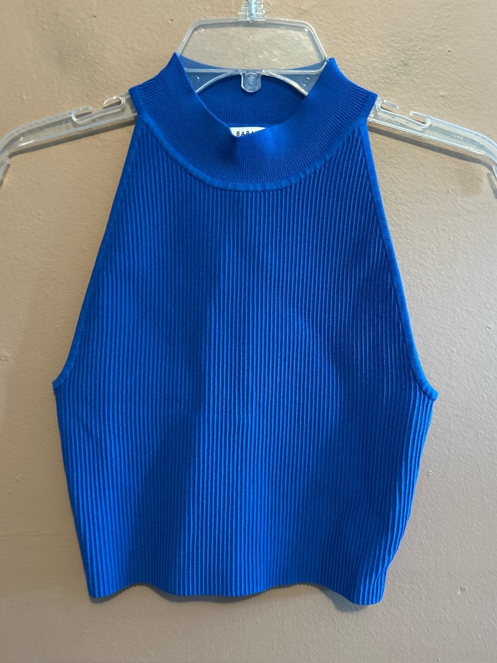 Babaton Sculpt Knit Ribbed Halter Tank Top Women’s Medium Blue Mock Neck
